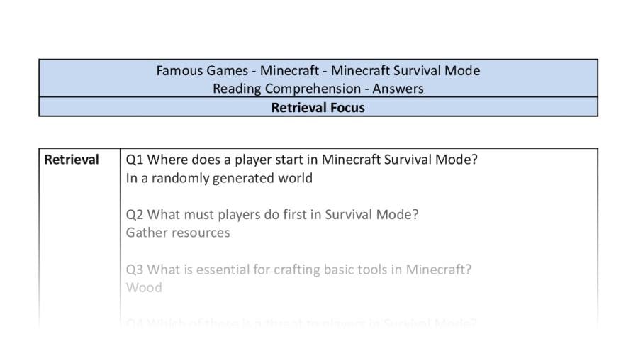 Reading Comprehension - Minecraft Survival Mode - Retrieval Focus