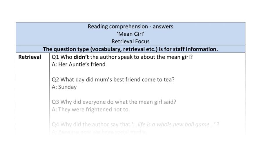Reading comprehension - Mean Girl - Retreival