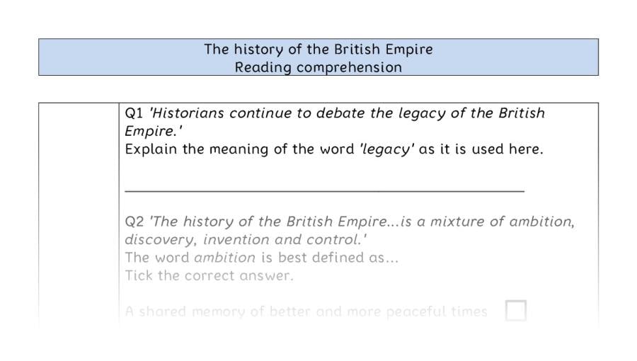 Reading comprehension - VRSIPE-The history of the British Empire