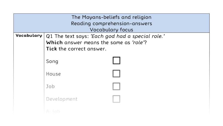 Reading comprehension - vocabulary - The Mayans-beliefs and religion - answers