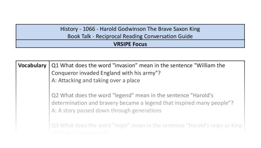 Reciprocal Reading Conversation - Harold Godwinson The Brave Saxon King - VRSIPE Focus