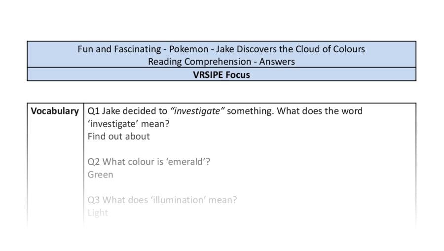 Reading comprehension-VRSIPE-Jake discovers the cloud of colours-answers