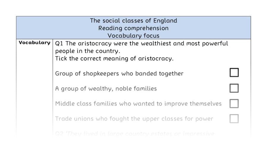 Reading comprehension - vocabulary - The social classes of England