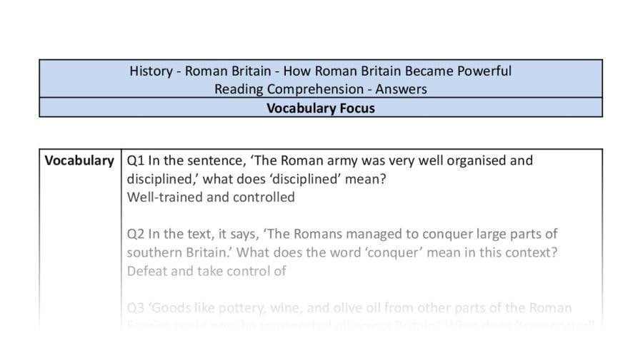 Reading Comprehension - How Roman Britain Became Powerful - Vocabulary Focus UKS2