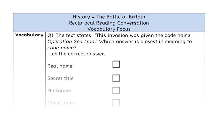 The Battle of Britain - Reciprocal Reading Conversation - Vocabulary Focus
