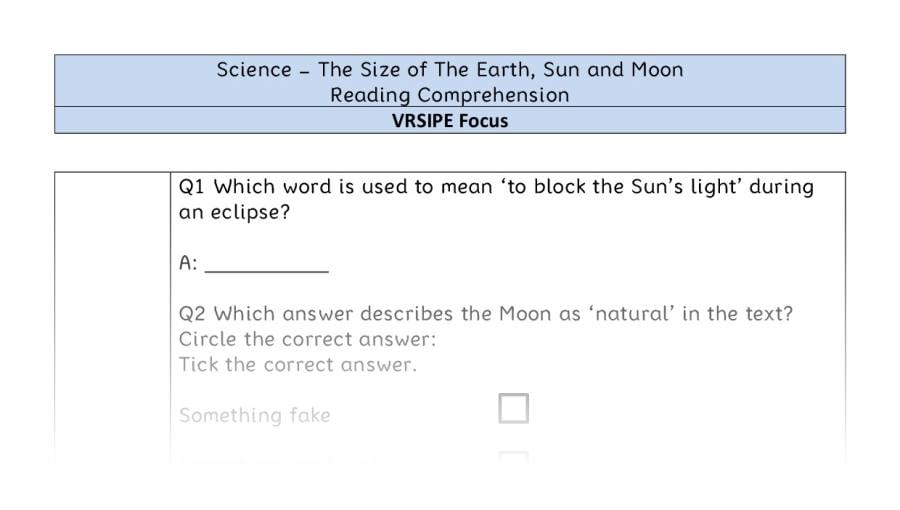 The Size of The Earth, Sun and Moon - Reading Comprehension - VRSIPE Focus