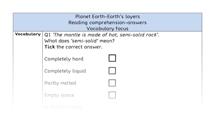 Reading comprehension - vocabulary - Planet Earth-Earths layers - answers