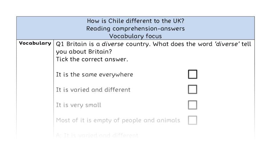 Reading comprehension - vocabulary - How is Chile different to the UK - answers