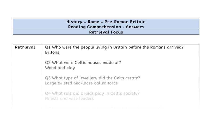 Reading Comprehension - Pre Roman Britain - Retrieval Focus