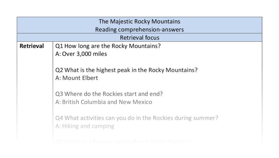 Reading comprehension - The Majestic Rocky Mountains - retrieval