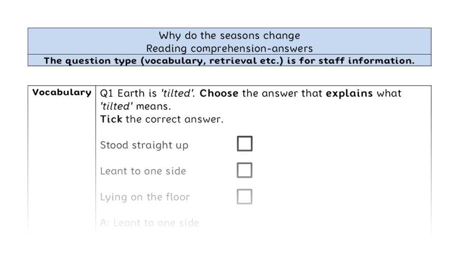 Reading comprehension - VRSIPE - Why do the seasons change - answers