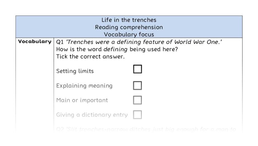 Reading comprehension - vocabulary - Life in the trenches