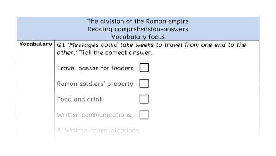 Reading comprehension - vocabulary - The division of the Roman empire - answers