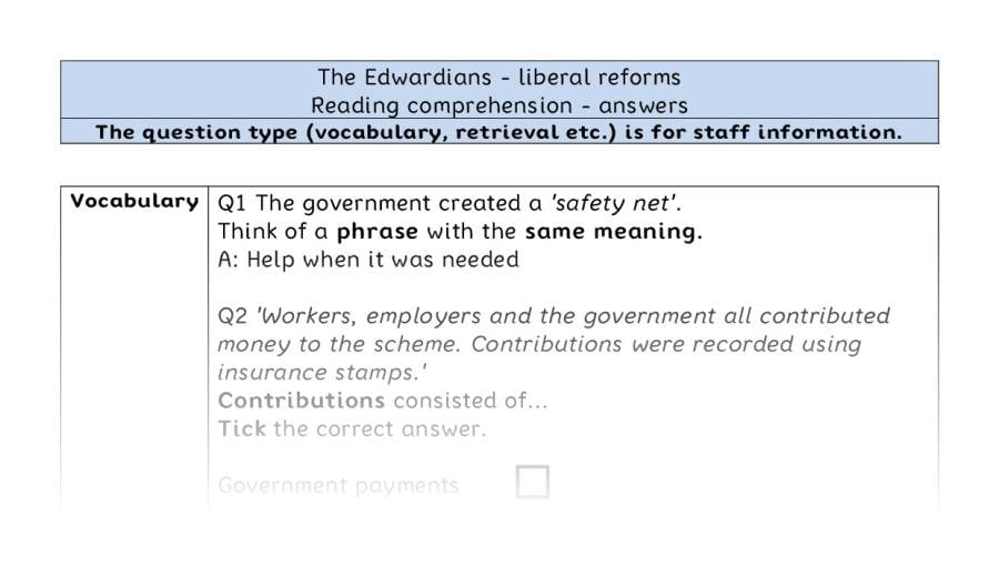 Reading comprehension - VRSIPE - The Edwardians - liberal reforms - answers