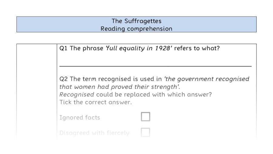 Reading comprehension - VRSIPE - The Suffragettes