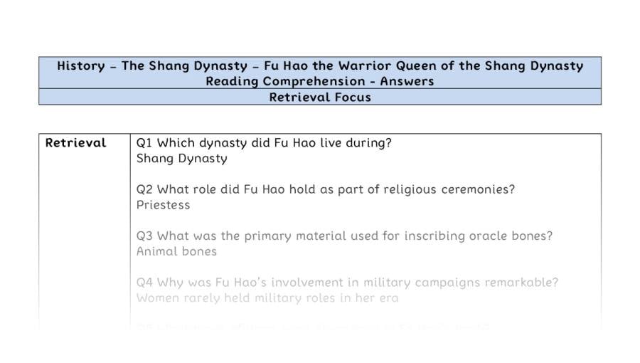 Reading Comprehension - Fu Hao the Warrior Queen of the Shang Dynasty - Retrieval Focus