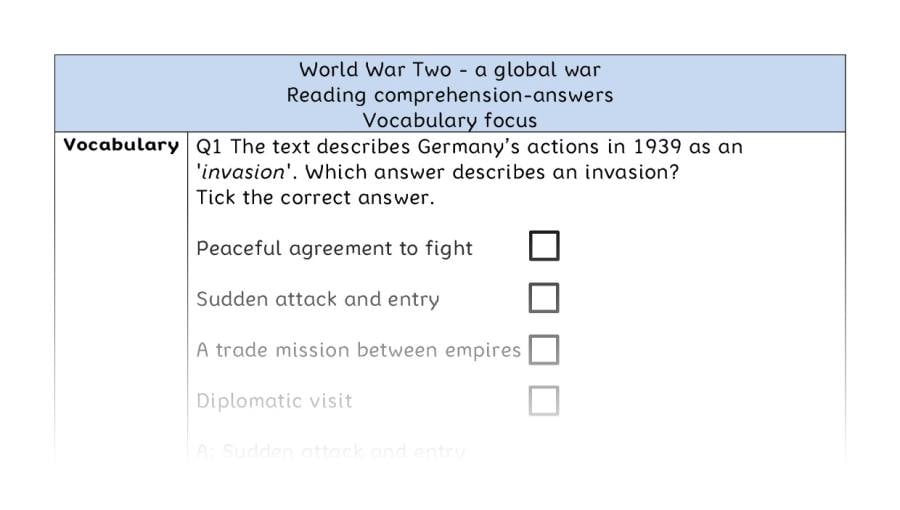 Reading comprehension - vocabulary - World War Two - a global war - answers