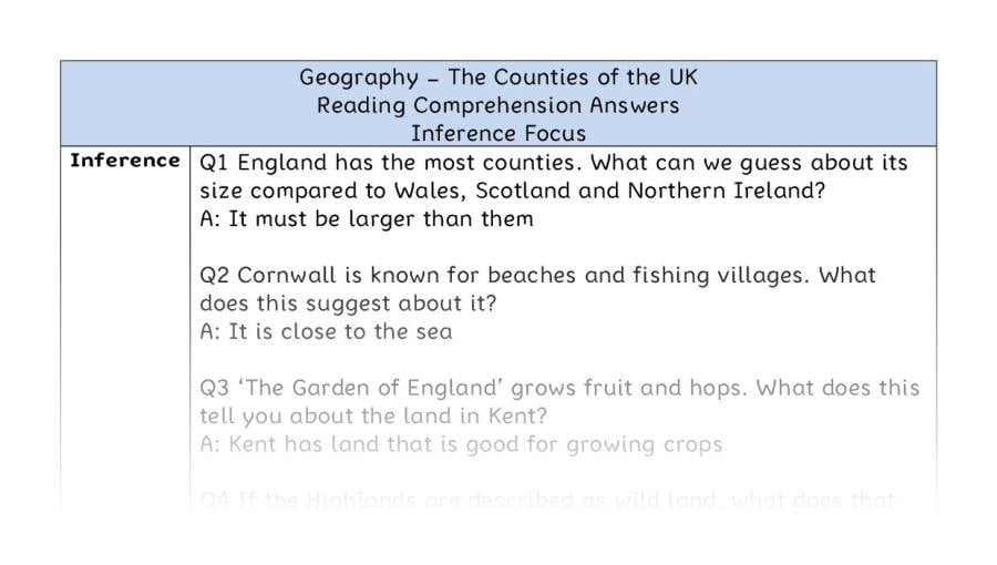 The Counties of the UK - Reading Comprehension Answers - Inference Focus