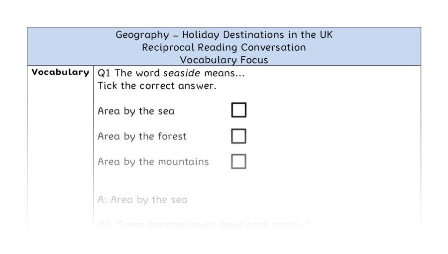 Holiday Destinations in the UK - Reciprocal Reading Conversation - Vocabulary Focus