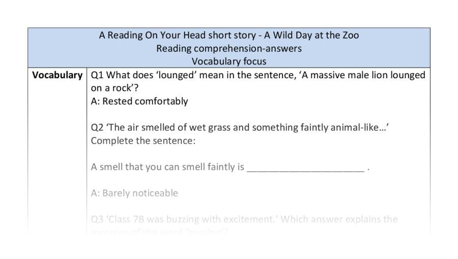 Reading comprehension - vocabulary - A Wild Day at the Zoo - answers