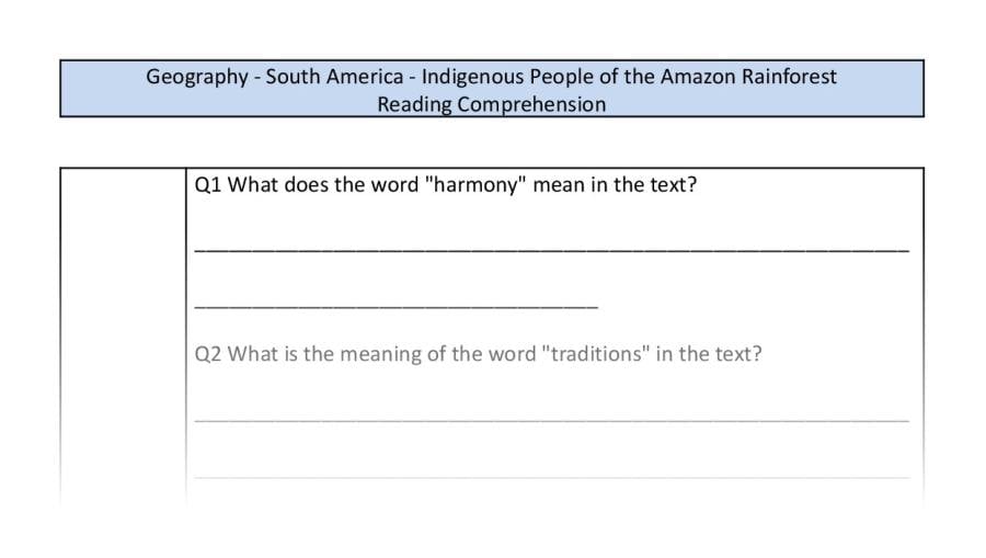 Reading Comprehension-Indigenous People of the Amazon Rainforest-VRSIPE