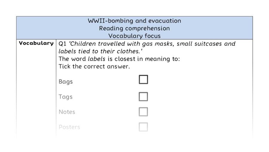 Reading comprehension - vocabulary - WWII-bombing and evacuation