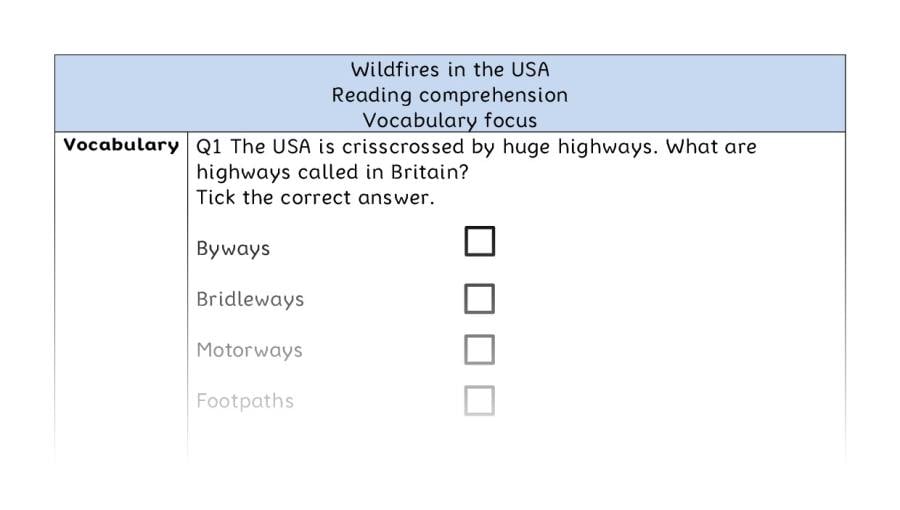 Reading comprehension - vocabulary - Wildfires in the USA