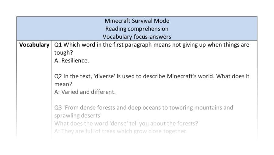 Reading comprehension - vocabulary - Minecraft Survival Mode