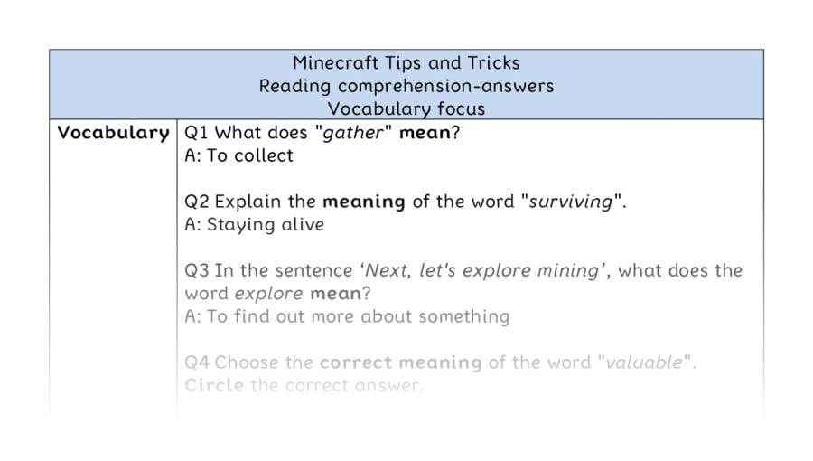 Reading comprehension-Minecraft Tips and Tricks-vocabulary - answers