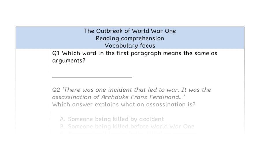 Reading comprehension - vocabulary - The Outbreak of World War One