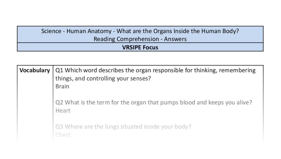 Reading Comprehension - What are the Organs Inside the Human Body - VRSIPE Focus