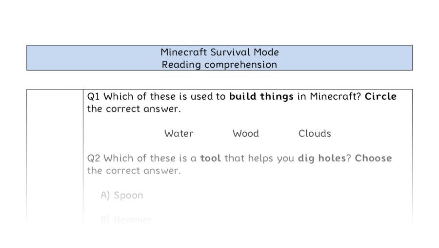 Reading comprehension -Minecraft Survival Mode-VRSIPE