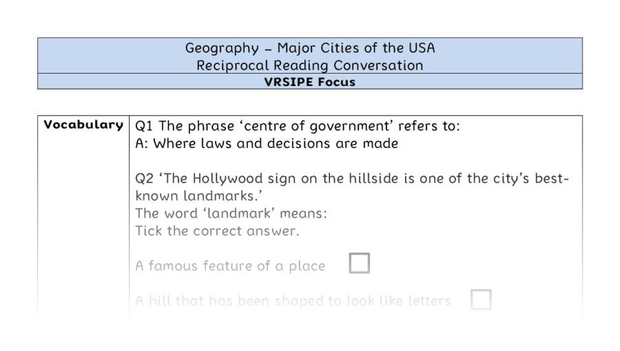 Major Cities of the USA - Reciprocal Reading Conversation - VRSIPE Focus