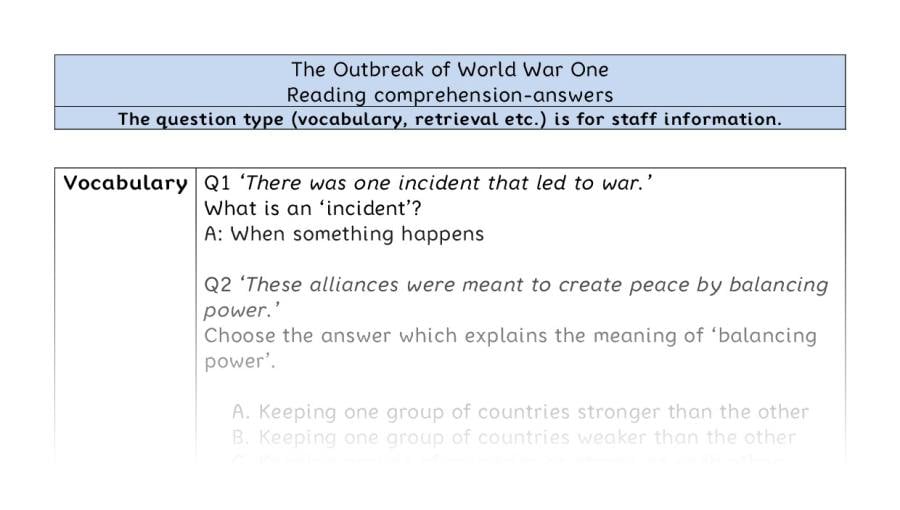 Reading comprehension-VRSIPE-The Outbreak of World War One - answers