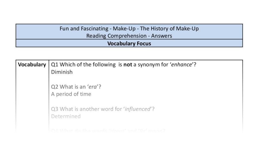Reading comprehension-vocabulary-the history of make up - answers