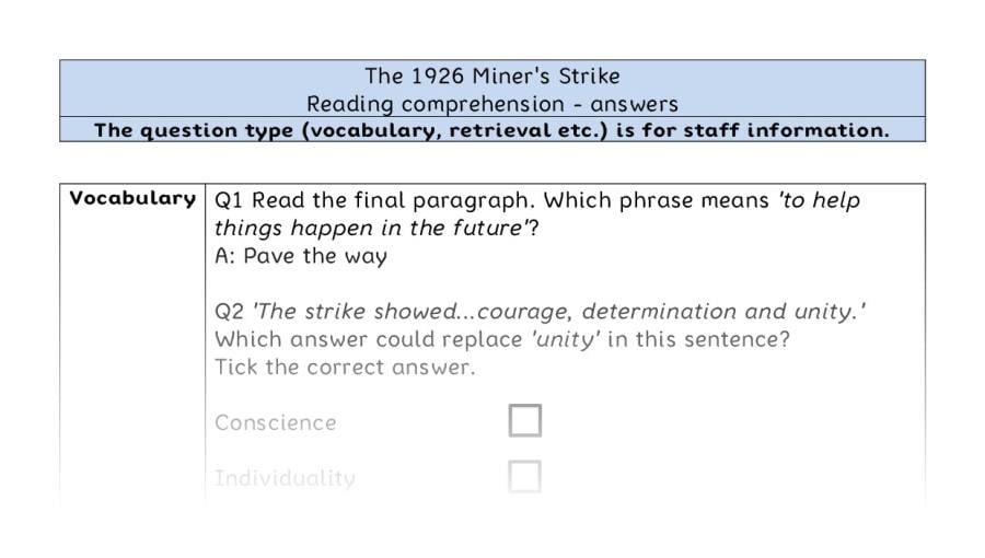Reading comprehension - VRSIPE - The 1926 Miners Strike - answers