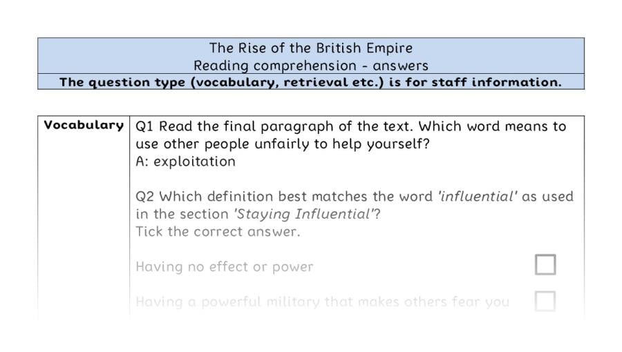 Reading comprehension - VRSIPE - The Rise of the British Empire - answers