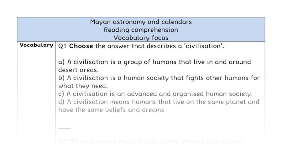 Reading comprehension - vocabulary - Mayan astronomy and calendars