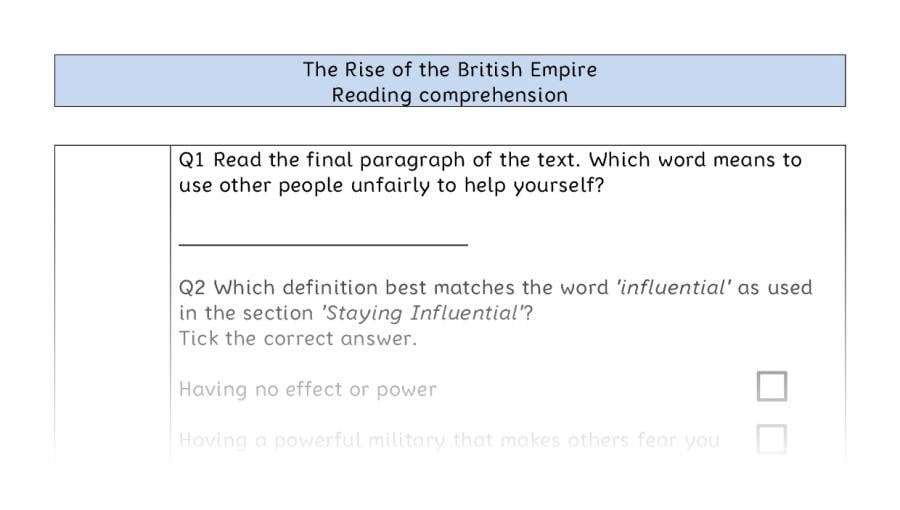 Reading comprehension - VRSIPE - The Rise of the British Empire