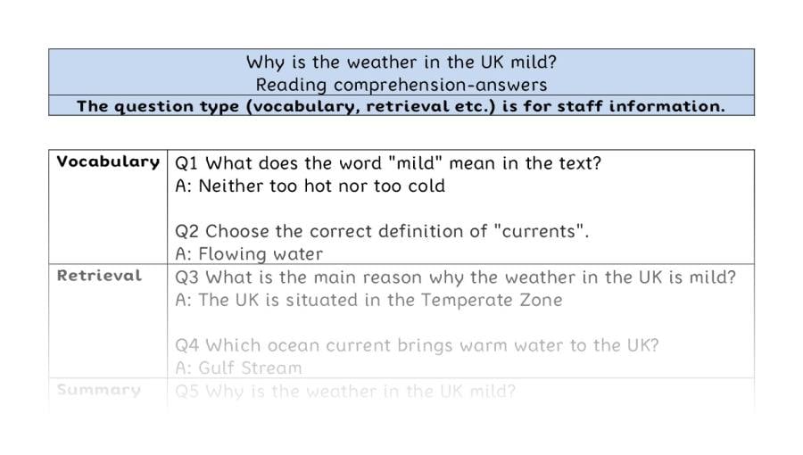Reading comprehension - VRSIPE - Why is the weather in the UK mild - answers