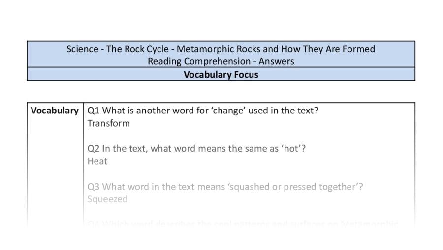 Reading Comprehension - Metamorphic Rocks and How They Are Formed - Vocabulary Focus
