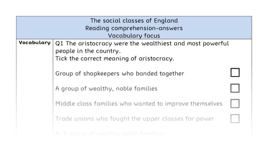 Reading comprehension - vocabulary - The social classes of England - answers