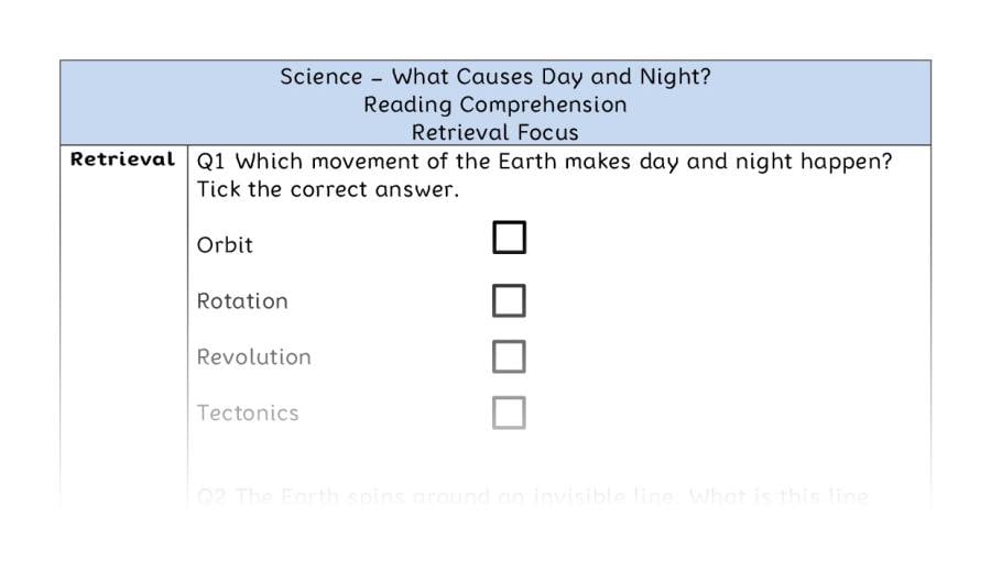 What Causes Day and Night - Reading Comprehension - Retrieval Focus