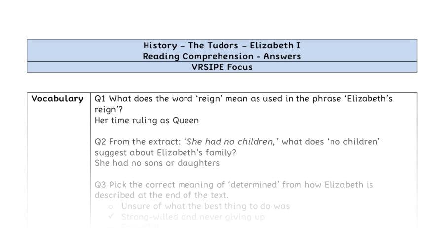 Reading comprehension - Elizabeth I - VRSIPE-answers