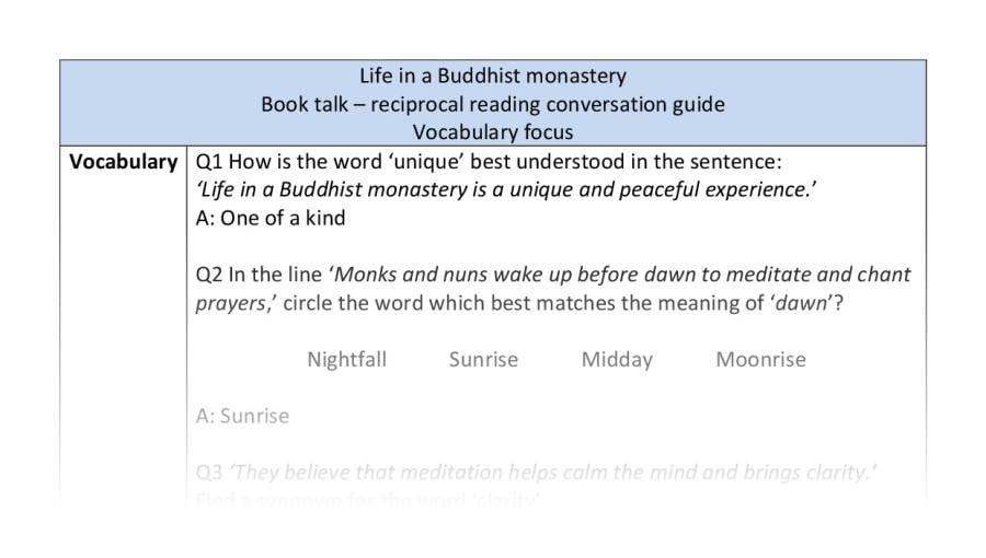 Reciprocal reading - vocabulary - Life in a Buddhist monastery