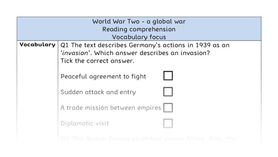 Reading comprehension - vocabulary - World War Two - a global war