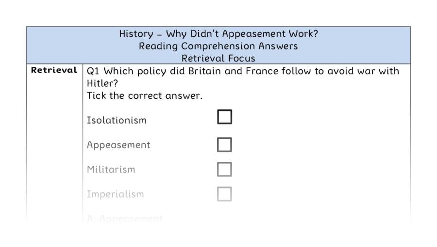 Why Didnt Appeasement Work - Reading Comprehension Answers - Retrieval Focus