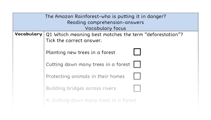 Reading comp-vocabulary-The Amazon Rainforest-who is putting it in danger - answers