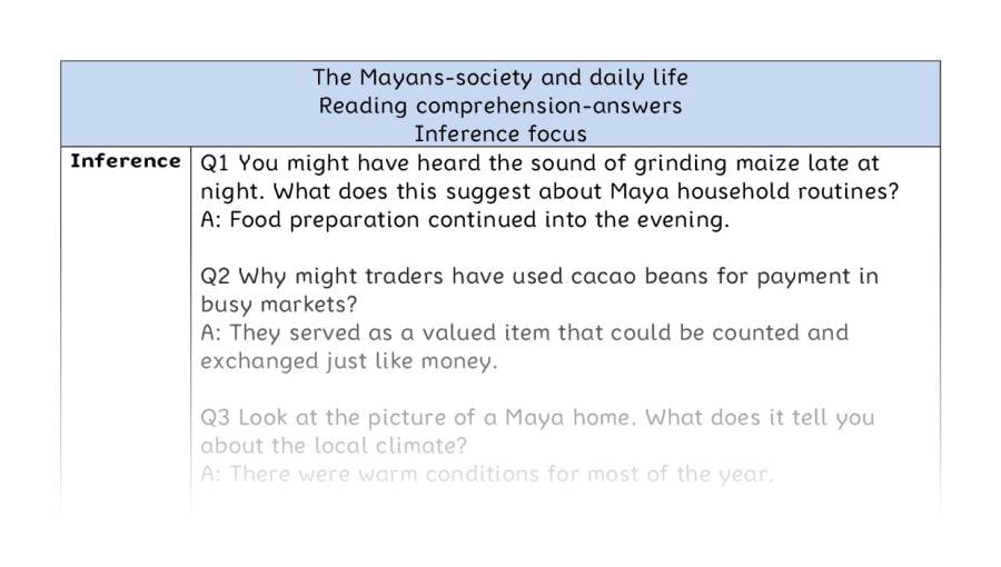 Reading comprehension - inference - The Mayans-society and daily life - answers