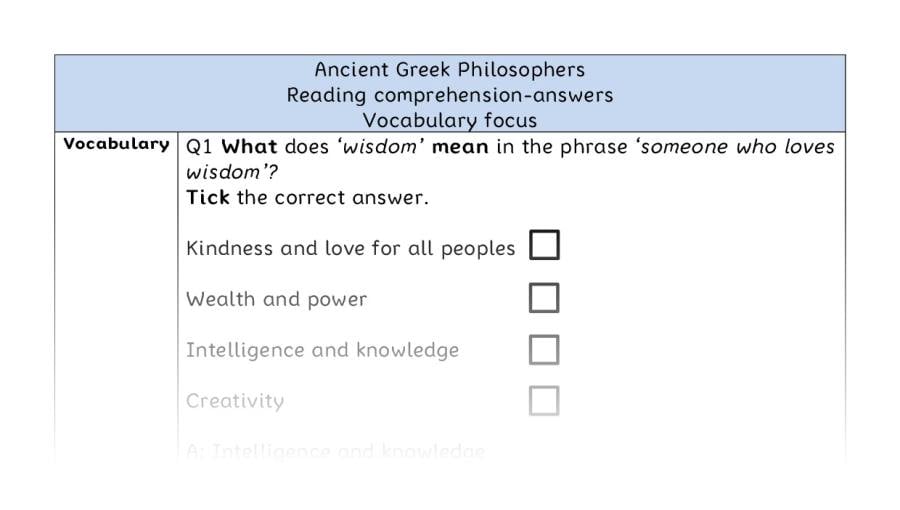 Reading comprehension - vocabulary - Ancient Greek Philosophers - answers